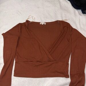 Ultra Flirt Ribbed Wrap-Front Long Sleeve Top - Rust Brown